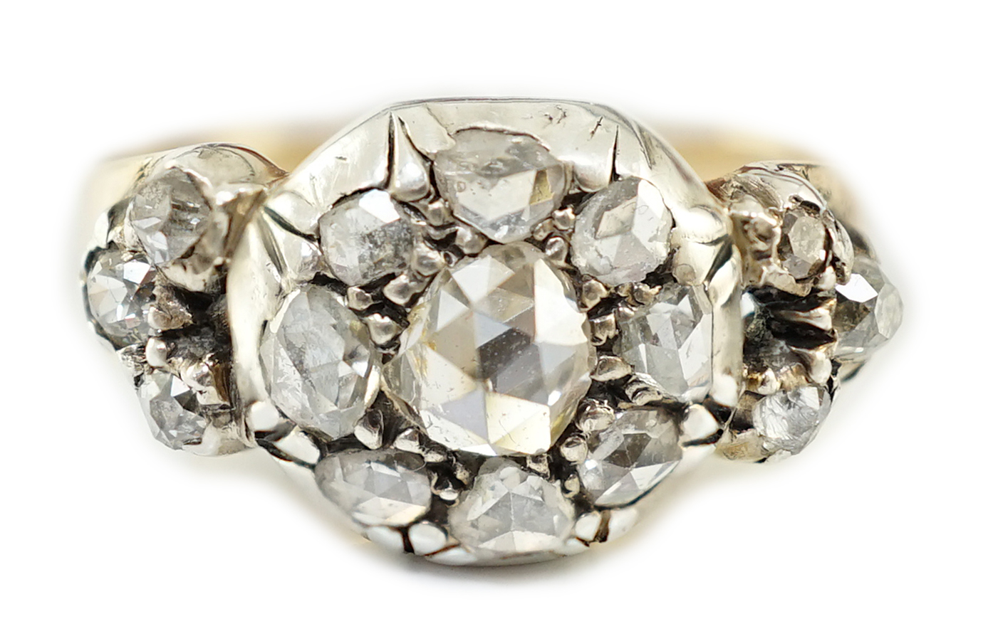 A Georgian gold, silver and rose cut diamond cluster set dress ring